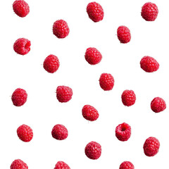 Raspberries, Fresh ripe raspberries flying in the air, isolated on transparent background