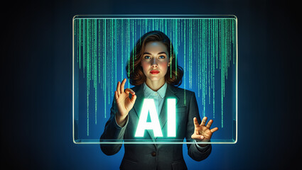 Professional businesswoman presenting artificial intelligence AI technology with digital interface hologram display screen futuristic concept