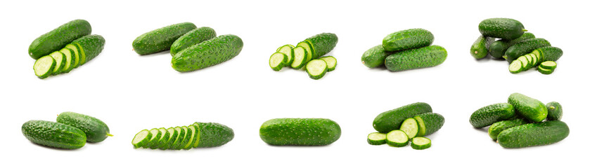 Cucumber isolated on white background. Slice of cucumber on white background. Fresh organic green cucumbers. Vegan. Ingredient for salad. Farm vegetables.