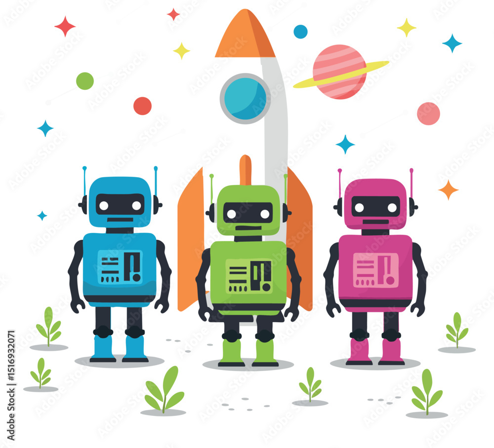 Poster colorful robots standing in front of rocket with planets and stars space background vector illustrat