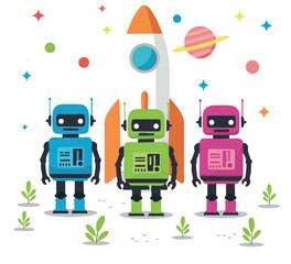 Colorful robots standing in front of rocket with planets and stars space background vector illustration 