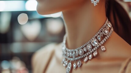 Expensive jewelry on girl's neck against jewelry store background