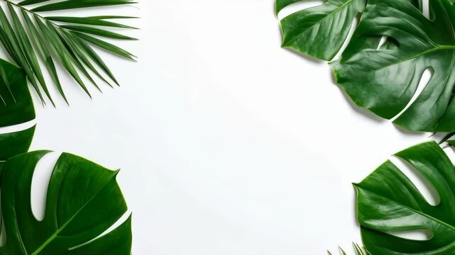 Overhead view of tropical monstera and palm fronds on white, creating a green border and ample central copy space.