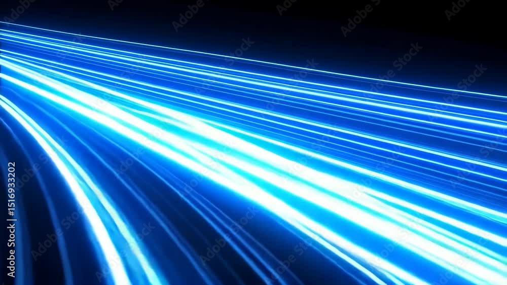 Poster abstract neon blue light trails flow diagonally across dark backdrop, creating futuristic speed effe