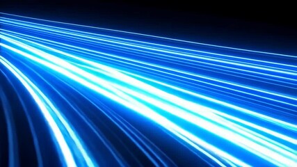 Abstract neon blue light trails flow diagonally across dark backdrop, creating futuristic speed effect suitable for technology visuals - Powered by Adobe