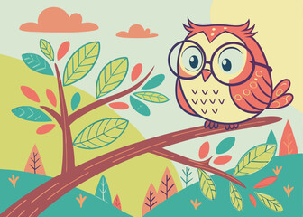 Cute Owl with Glasses on a Branch in Autumn Landscape
