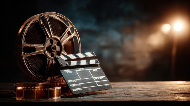 Vintage film reel and clapperboard on dark surface, evoking classic cinema nostalgia