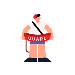 Front view of a male lifeguard confidently gripping a red rescue buoy with both hands