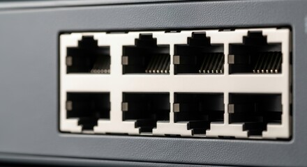 Close-up of networking hub with multiple ethernet ports