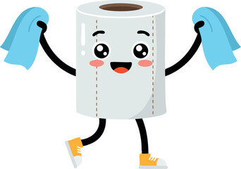 Animated happy toilet paper roll dancing with blue towels and yellow shoes vector illustration 