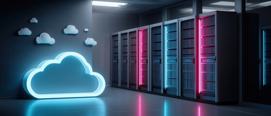 Modern data center with cloud computing symbol and led-lit server racks