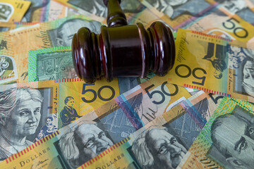 judge gavel and australian money aud Aussie currency