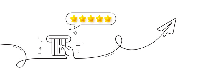 Credit card line icon. Continuous line with share plane. Hold Banking Payment card sign. ATM service symbol. Five star rate review in speech bubble. Credit card single line ribbon. Vector