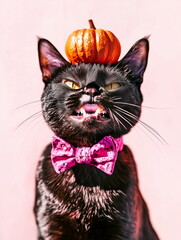Adorable hissing black cat wearing a pink bow tie with a mini pumpkin and bat on its head, perfect for Halloween themed content, pet fashion, or seasonal social media and marketing visuals.