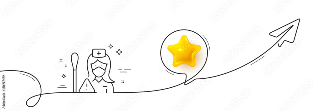 Poster nurse with cotton swab line icon. continuous line with share plane. doctor assistant sign. face prot