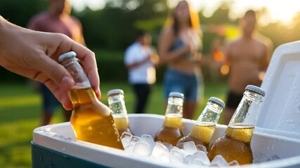 Refreshing cold beer at summer BBQ for outdoor fun and relaxation - Powered by Adobe