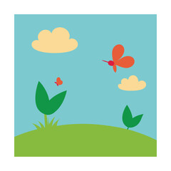 Fototapeta premium Minimal Meadow with Butterflies and Birds