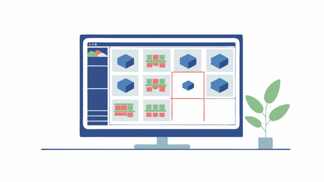 Exploring 3D model libraries on the computer for a new creative project with clean vector lines and