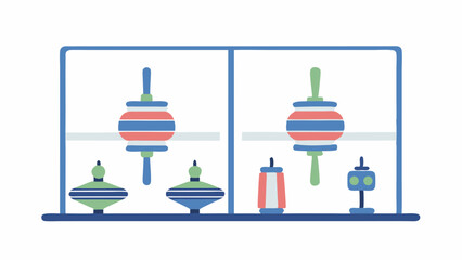 Playful display of vibrant spinning tops a whimsical collection evoking childhood games and vintage