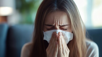 Girl sneezing into handkerchief, allergy
