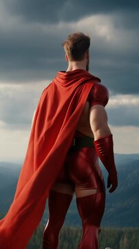 Male superhero in costume with flowing red cape stands on the mountain peak looking over the horizon. Surreal comics scene, powerful and heroic concept