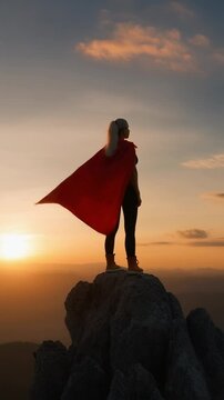 Woman hero silhouette with red cape standing brave on the peak of a mountain looking determined at horizon over the sunset sky. Dramatic and heroic atmosphere