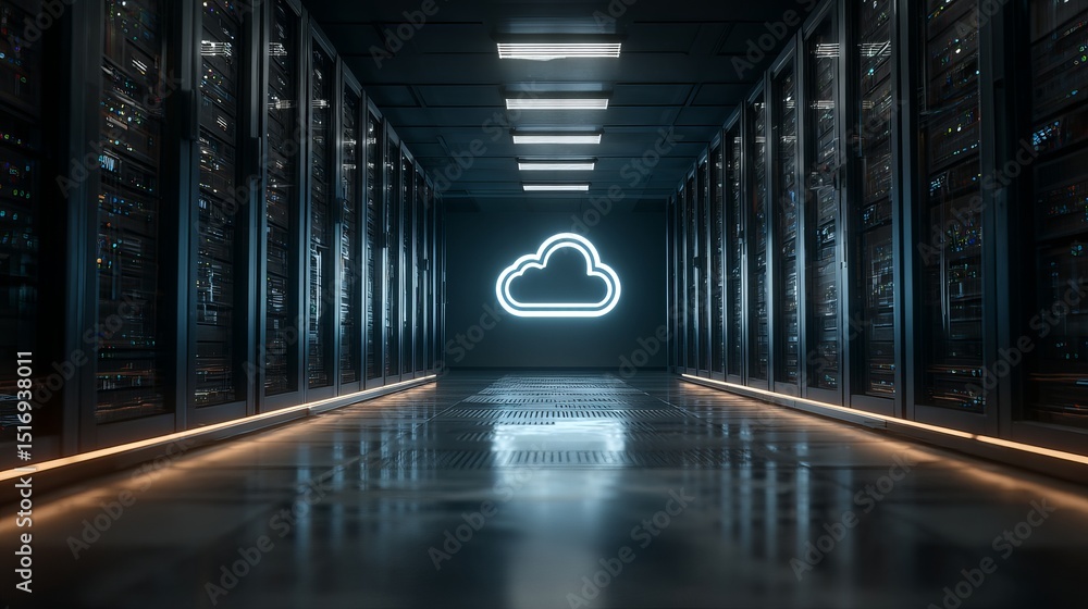 Poster modern data center server room cloud computing technology digital infrastructure network servers tec