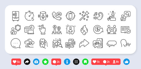 Flammable fuel, Timer and Hearing line icons pack. Social media: share, comment, like icons. Breathing exercise, Developers chat, Refrigerator web icon. Vector