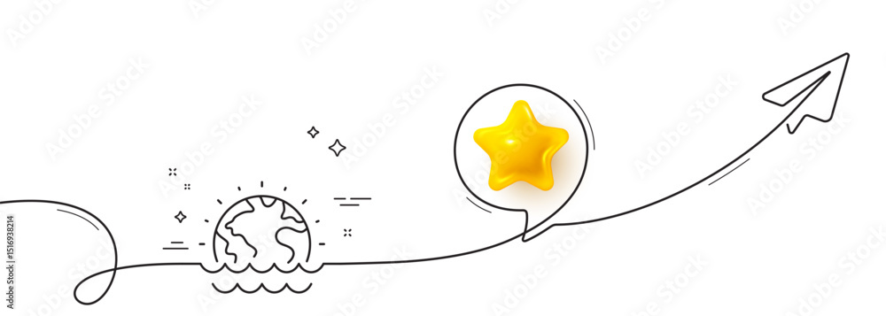 Poster disaster line icon. continuous line with share plane. climate warming sign. world flood symbol. 3d s