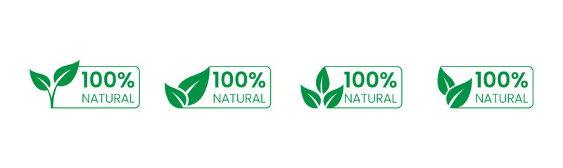 100% Natural Label Set. Green and white with leaf icon, label 100% Organic Natural Product for eco-friendly branding and packaging