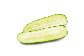 Cucumber isolated on white background. Slice of cucumber on white background. Fresh organic green cucumbers. Vegan. Ingredient for salad. Farm vegetables.