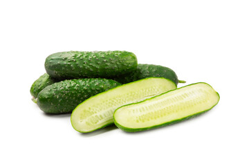 Cucumber isolated on white background. Slice of cucumber on white background. Fresh organic green cucumbers. Vegan. Ingredient for salad. Farm vegetables.