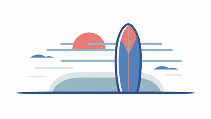 A solitary surfboard awaits the dawn dreaming of waves and ocean adventures on a serene beach scene