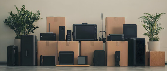 Stacked Cardboard Boxes With Electronics And Plants In Neutral Interior