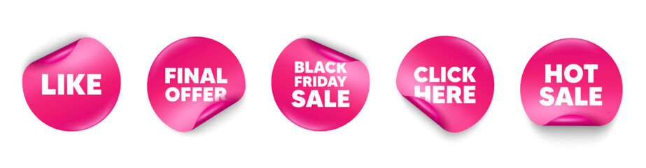 Like sticker tag. Click here, Black friday paper price banners. Like tag. Social media message. Favorite or Awesome notification. Hot sale sticker. Promo banners. Vector