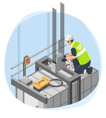 Technician performing elevator system maintenance on top of lift cabin inside building shaft to ensure mechanical functionality and operational safety compliance © AllahFoto
