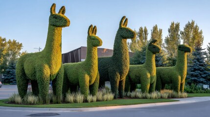 Group of giant green bush llamas sculptures decorating a city street