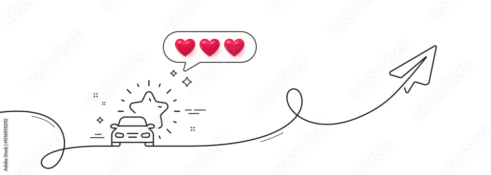 Poster car review line icon. continuous line with share plane. best transport service sign. delivery rating