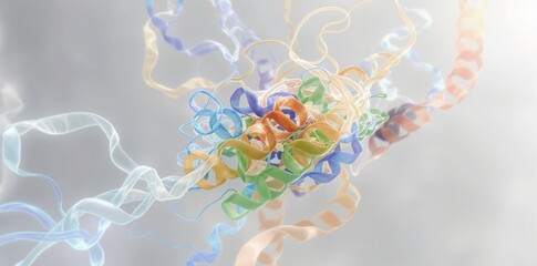 Visualization of a colorful 3D protein folding process on a white background, blending abstract art with scientific representation.