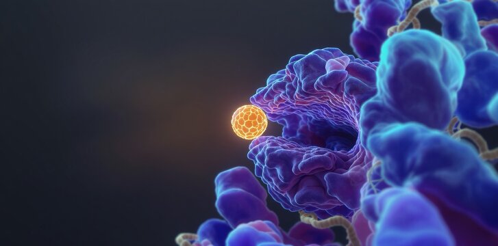 Stylized 3D illustration of enzyme-substrate interaction with vibrant colors, showing substrate approaching enzyme's active site.