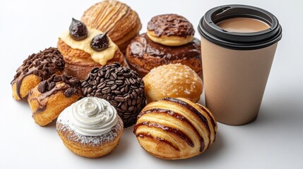 Fototapeta premium Bakery poster mockup with assorted pastries and coffee cup on white background