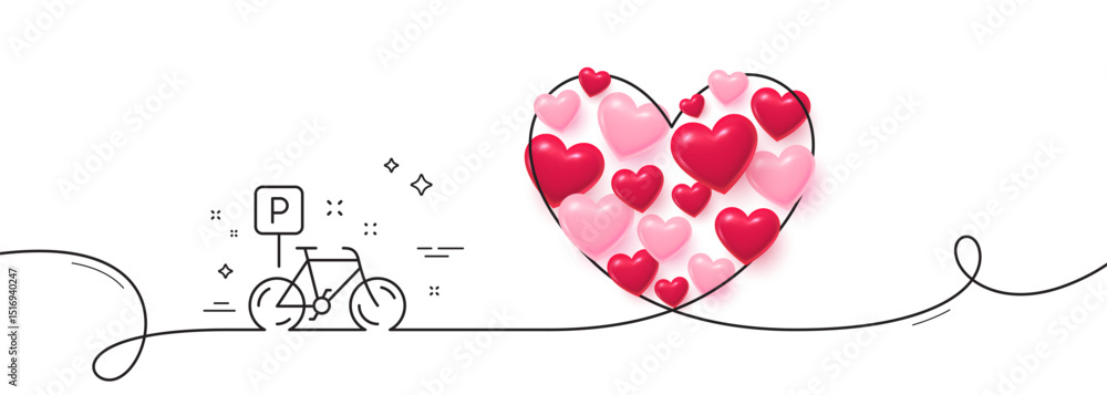 Poster bike line icon. continuous line big heart. bicycle parking sign. urban traffic symbol. 3d hearts in 