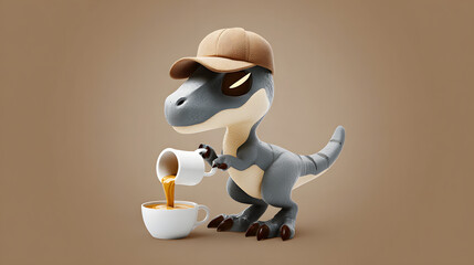 Fototapeta premium A cute cartoon dinosaur wearing a cap pours coffee into a cup on a plain brown background.