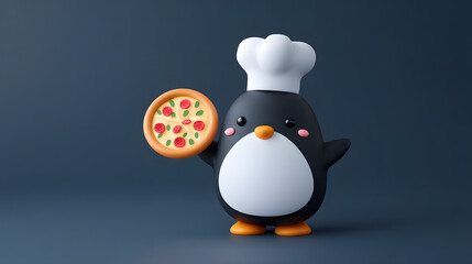 A cute cartoon penguin chef holding a pizza, set against a plain dark background.