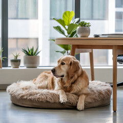 Golden Retriever Descansando en su Cama para Perros en Oficina Moderna
