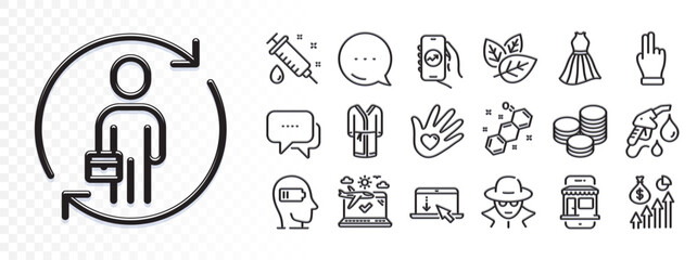 Bathrobe, Financial app and Scroll down line icons for web app. Glare of light effect. Message icon. Pack of Social responsibility, Replacement, Salary pictogram icons. Vector