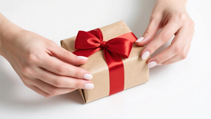 A person's hands holding a gift box with a red ribbon