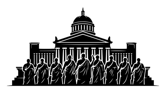 ancient roman senate building with senators silhouette