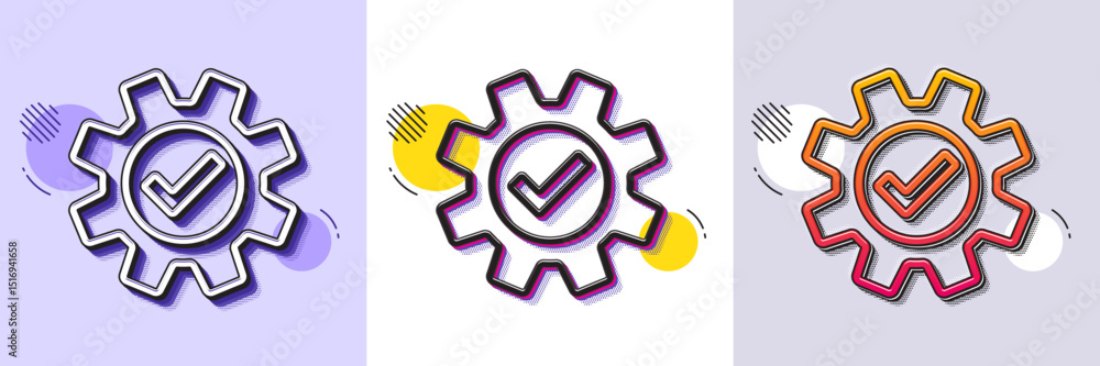 Poster cogwheel line icon. halftone dotted pattern. gradient icon with grain shadow. approved service sign.