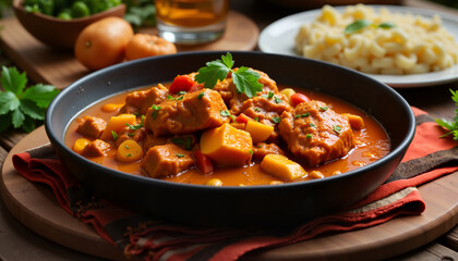 Beef curry with thick gravy served in a black bowl on a wooden table  